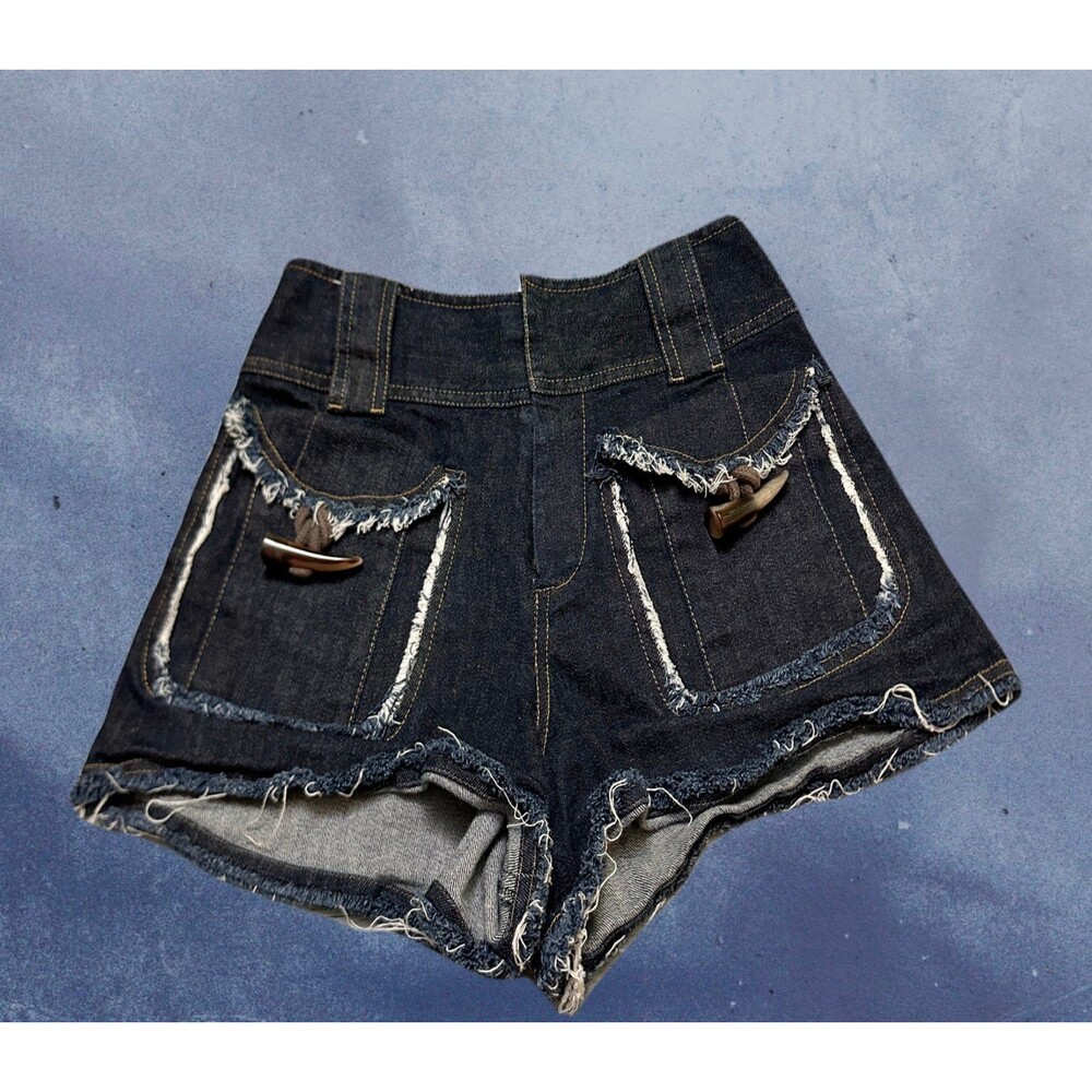 Derek Lam Dark Indigo Frayed Denim Shorts with Toggle Pocket Details size 2